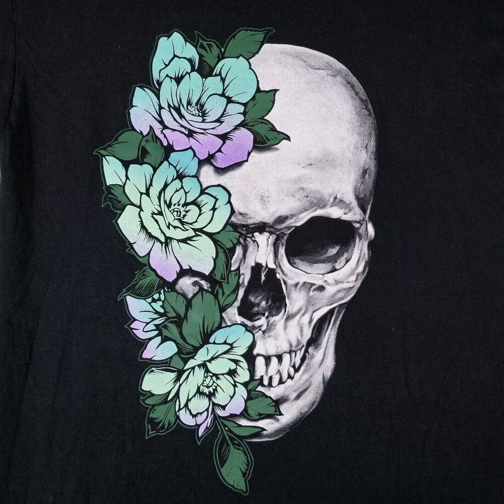 DOM T-Shirt Adult Large Skull And Roses‎ Flowers Big Graphic Print Black